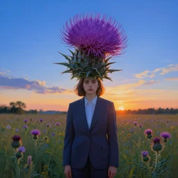 portrait, enormous thistle flower under her head, a girl in a suit in field of flowers, surreal photography, sunrise, blue sky, dramatic light, impressionist painting, digital painting, artstation, simon stalenhag