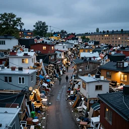 photo street scene of a huge hastily built shanty town in skanstull, stockholm sweden. cables, furniture, electronics, ikea, tiny housing, small spaces, no personal space, crowded, dramatic lighting, dusk, after the rain, archviz.