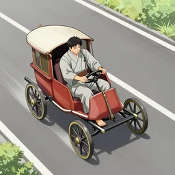 a birds eye view of a man in a chariot in tokyo, driving fast, drawn like the anime speed racer, full color