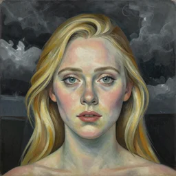 professional painting of Elle Fanning in the style of William Zorach, head and shoulders portrait, symmetrical facial features, smooth, sharp focus, illustration, intricate, stormy weather, extremely detailed masterpiece,