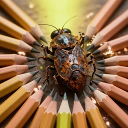 pencils macro overhead insect viscera as god, carapace rust crapped dystopic armor, chris foss, enric torres, alberto bontempi, feng zu hyper realism, narrative light, puce lime colors, epic, hyper detailed, awe inspiring, award winning horror, torch lighting, hyper realism, cinematical