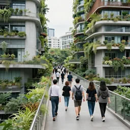 a medium wide shot of people walking through a utopian city walkway on top of buildings, green plants