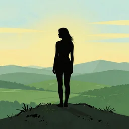 sketch of woman in silhouette atop a hill overlooking a green expanse with a yellow-blue sky