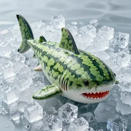 a watermelon shaped like a shark, photorealistic, laid down on ice cubes