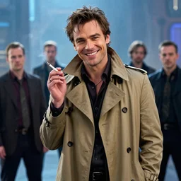 photorealistic portrait of beautiful jean dujardin as the artist, charismatic smiling thief, with a light brown trench coat and holding a cigarette, in dresden files movie, scifi background, hd, by artgerm and edgar maxence and greg rutkowski and rob rey