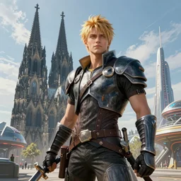 a hyper real comic book style portait painting of the cathedral of cologne germany in the distant future with future buildings next to it, unreal 5, hyperrealistic, octane render, cosplay, rpg portrait, dynamic lighting
