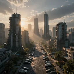 “post apocalypse cityscape with too much parking at sunrise, photo realistic”