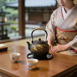 full view of ceremony of tea, a geisha, old traditional japanese tea pot, two smoky cup of tea on a wood table, smooth pastel lightings, micro details, ( ( ( ( intricate ) gold details ) ) ), photorealism, crisp, hasselblad camera, japanese zen temple, detailed background, by annie leibovitz and moebius