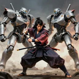 a brave samurai fighting with robots