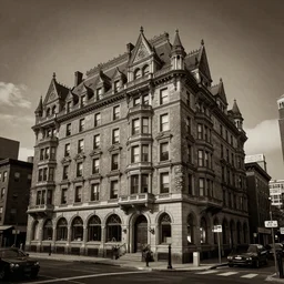 sepia photo of a 1 9 2 0 s neo - gothic style hotel in downtown boston, overlooking a dark street, architectural, atmospheric lighting, brooding, painted, intricate, ultra detailed, well composed, best on artstation, cgsociety, epic, horror, stunning, gorgeous, intricate detail, much wow, masterpiece, cinematic aesthetic octane render, 8 k hd resolution,