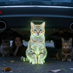 cat under a car, glowing detail, by wenjun lin and artem chebokha and alena aenami and ian llanas, 4 k
