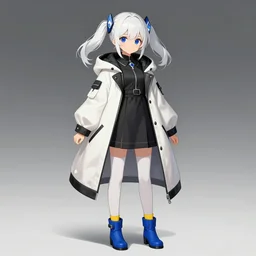 anime girl teenager with white hair tied in two low pigtails, her head is decorated with large diamond - shaped hair clips, her eyes are dark blue, she is wearing a black dress above the knee, white tights, yellow socks and blue short boots with heels and a heavy white jacket with black trim and hood, anime style, 4 k, high quality, digital painting, elegant, highly detalied, artstation, concept art, art by artgem and greg rutkowski and alphonse mucha