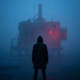 symmetrical blue and red, mysterious man looking at a distant machine in fog