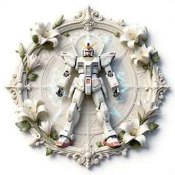 beautiful classical holy decorative ornament, sacred gundam, acanthus scrolls, lilies, ivy, energy, white magic, geometry, architecture, magnolia, bones, petals, stems, ceremonial clouds, dripping paint, perfect engraving, fibonacci rhythm, artstation, art germ, wlop, masterpiece