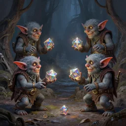 an intricate matte painting of 3 grey goblins playing dungeons and dragons, iridescent light bouncing off magical d20, by Christophe Vacher and Bastien Lecouffe-Deharme, trending on artstation