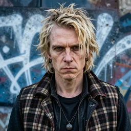 highly detailed closeup portrait of a sewer punk rogue old boy, tartan vestments, blonde hair by atey ghailan, by greg rutkowski, by greg tocchini, by james gilleard, by joe fenton, by kaethe butcher, gradient, blue, black, brown and cream color scheme, grunge aesthetic!!! white graffiti tag wall background