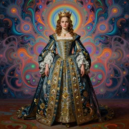 beautiful oil painting, full length portrait of Emma Watson in baroque coronation robes 1701, Dan Mumford, Dan Mumford, Alex grey, Alex grey, highly detailed , lsd visuals, dmt fractal patterns, hallucinogen, visionary art, psychedelic art, ornate, vaporwave, baroque