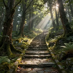 a beautiful hyperrealistic detailed 3 d render of an old stone path climbing steadily through an enchanted forest, by federic edwin church, by fitz henry lane, by levitan, unreal engine, octane render, gigantic, 3 d, brilliantly coloured, intricate, ultra wide angle, trending on artstation, whispy, sun beams, light, morning, volumetric lighting, hdr, polished, micro details, ray tracing, 8 k