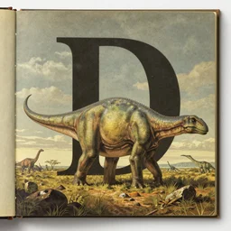 vintage alphabet book page, letter d, diplodocus