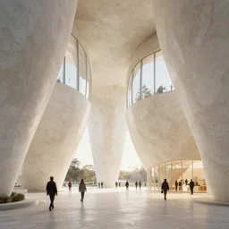the inside of a stone marble sculpture monument by tim blandin and arthur haas and bruce pennington and john schoenherr, big pods, big windows architecture by zaha hadid, octane render, warm colour scheme, white, cinematic, scenery, high detail, high quality, close up angle, people walking