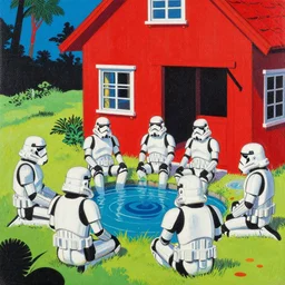 close - up image of a red house with a pond, with stormtroopers sitting around it, a combination of pop - art and traditional japanese painting styles, the style of andy warhol, roy lichtenstein and jackie tsai, bright palette, acrylic on canvas