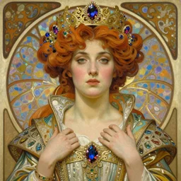 portrait, artwork by james jean, hyperdetailed realistic oil painting, beautiful medieval queen, jean delville, art nouveau, alexandrite, symbolist, visionary, alphonse mucha