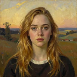 Elle Fanning as an Android, head and shoulders masterpiece, oil on canvas, golden hour, in the world of Andrew Wyeth, artstation, by J. C. Leyendecker and Peter Paul Rubens,