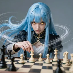 rimuru tempest from tensura playing chess, with amber eyes of golden colored eyes, straight hair, sky blue hair, long bangs, high collar, concept art, award winning photography, turbulence, ripples, trails, wispy, scratchy, digital painting, cinematic, wlop, 8 k, by ross tran, tom bagshaw, andy warhol