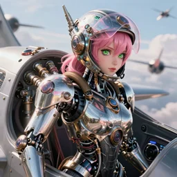 biomechanical female steampunk robot fighter pilot mechanical girl with intricate shiny parts and pink hair and green eyes while helmet is jacked into the jet cockpit with many pneumatic tubes and electric cables. background air combat. beautiful detailed photorealitic octane unreal depth of field