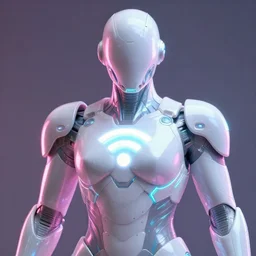 shiny pearly white futuristic sci fi armor with glowing wifi symbol on chest, lit by pink and cyan neon light
