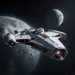 battlestar gallactica spaceship, octane render, redshift render, dynamic perspective, moody, realistic, near a moon, cinematic