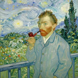 man smokes a pipe on a balcony overlooking the garden and mountains in the van gogh style