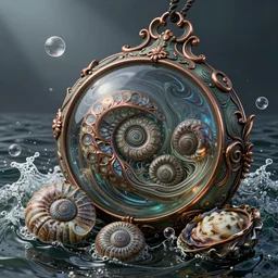 bubbles in cresting oil slick waves, ammonites, abalone, ornate art nouveau patina copper and glass ornament, rococo, organic rippling spirals, octane render, art forms from nature by ernst haeckel