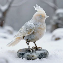 albino higly mechanical bird, winter snow, sci-fi japanese, marble, limestone, clear glass