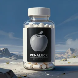concept art of an apple white dietary supplement in a transparent bottle with big black sticker on it by aenaluck, artgerm and roberto ferri and greg rutkowski, blue and white tones, digital painting, artstation, concept art, smooth, sharp foccus ilustration hq