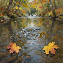 a small eddy in a calm forest river, two autumn maple leaves circle around on opposite sides at the edges of the eddy, oil painting, midday,
