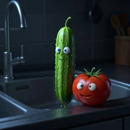 9 0 s 3 d render of a cucumber and tomato with faces next to the kitchen sink, dark kitchen, creepy lighting, y 2 k