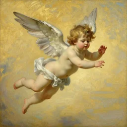 an idyllic and bucolic scene of one winged cherub flying, in the style of bouguereau, art nouveau, symbolism, pastel colors, golden our, oil on canvas, highly detailed, naturalism, magic