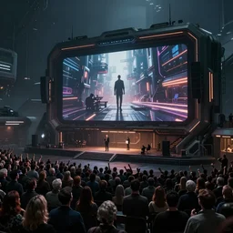 concept art of a small near - future dark musical venue with a large screen in front of a very small but excited crowd by syd mead and craig mullins