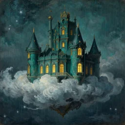 baroque painting of a dark teal castle floating on a rain cloud, stars in the distance, fantasy realm, golden windows, beautiful