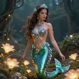 A beautiful siren decorated with precious stones, and wherever she walks glowing flowers grow, 8k, photorealistic, ultra realistic, extreme detail, highly detailed, atmospheric, , cinematic composition