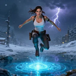 muscled Sandra Bullock as Lara Croft as a ruggedly handsome heroine looking directly into the camera, jumping off a glowing artifact lodged in shallow blue glowing water, intricate, elegant, highly detailed, artstation, concept art, smooth, sharp focus, illustration, bokeh art by artgerm and donato giancola and Joseph Christian Leyendecker, WLOP, fireflies, distant snowstorm and thunder