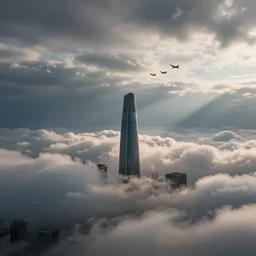 clouds, horizontal skyscraper flying towards planes in the sky
