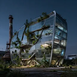 a beautiful photorealistic highly detailed abandoned industrial architecture nature ranch building by santiago calatrava, made of glass reclaimed by nature at night futuristic bladerunner 2 0 4 9, archdaily, wallpaper, highly detailed, trending on artstation.