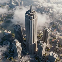 skyscrapers, dramatic lighting, wispy clouds, artstation, 3 d render, hyperdetailed, satellite view