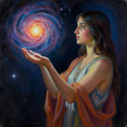 a shaman woman holding up the cosmic!! universe, by remedios varo, reflection, symbolist, pastel colors, dramatic lighting, smooth, sharp focus, extremely detailed, aesthetically pleasing composition
