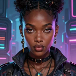 african cyberpunk huntress, science fiction, highly detailed, digital painting, beautiful eyes, symmetry, concept art, sharp focus, illustration, global illumination, radiant light, synthwave colors, detailed and intricate environment, art by artgerm and greg rutkowski and magali villeneuve and ilya kuvshinov!