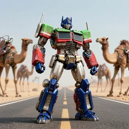 hyper detailed green and white steam punk optimus prime posed like a superhero in the middle of a deserted highway, desert scene, surrounded by hostile mutant cybernetic camels, cinematic, shallow depth of field, octane render, 8 k