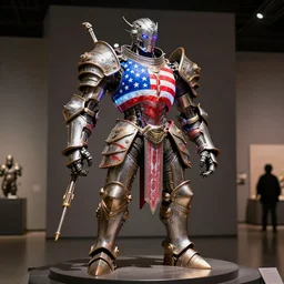 illuminator bot, us flag colors, aggressive look, plate armor, water-cooled, hydraulic features, elaborate, 5600x accelerator, hyperthreading, cyberpunk fantasy scene, award-winning sculpture, museum display, 4k, digital painting