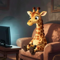 a cute cartoon giraffe sitting on a sofa watching TV, Hergé